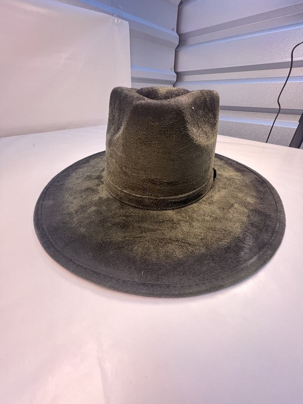 Olive Green Distressed Faux Suede Wide Brim Rancher Hat M